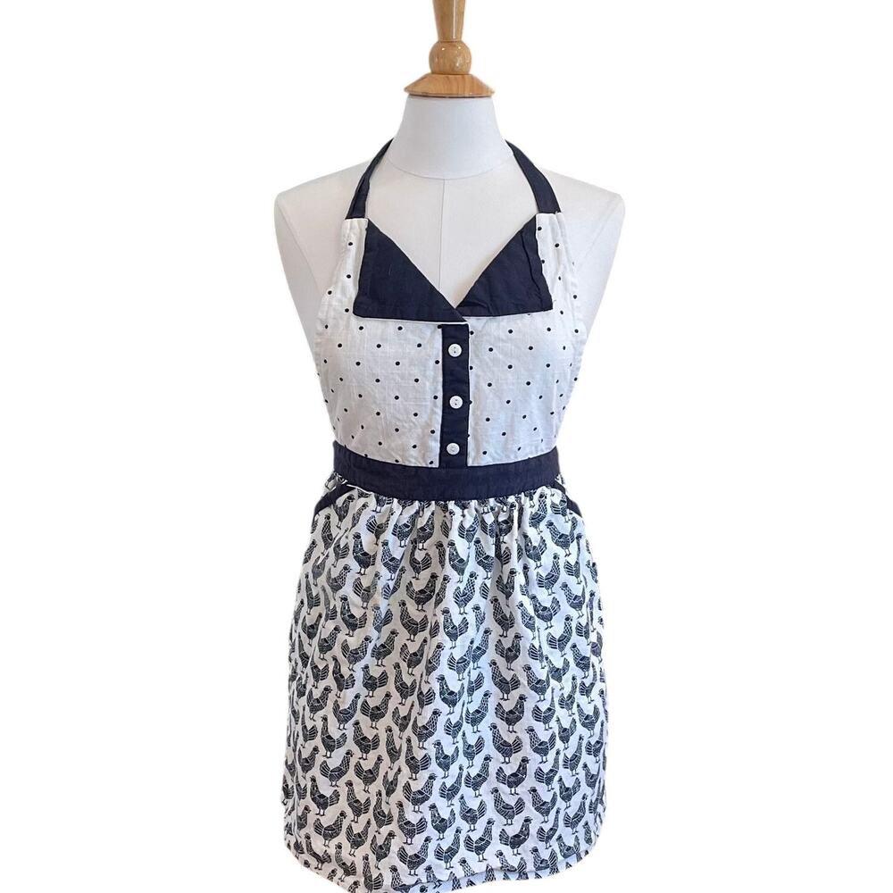 Envogue Cotton Bib Apron, Navy, White, Faux Collar Detail, Rooster Print